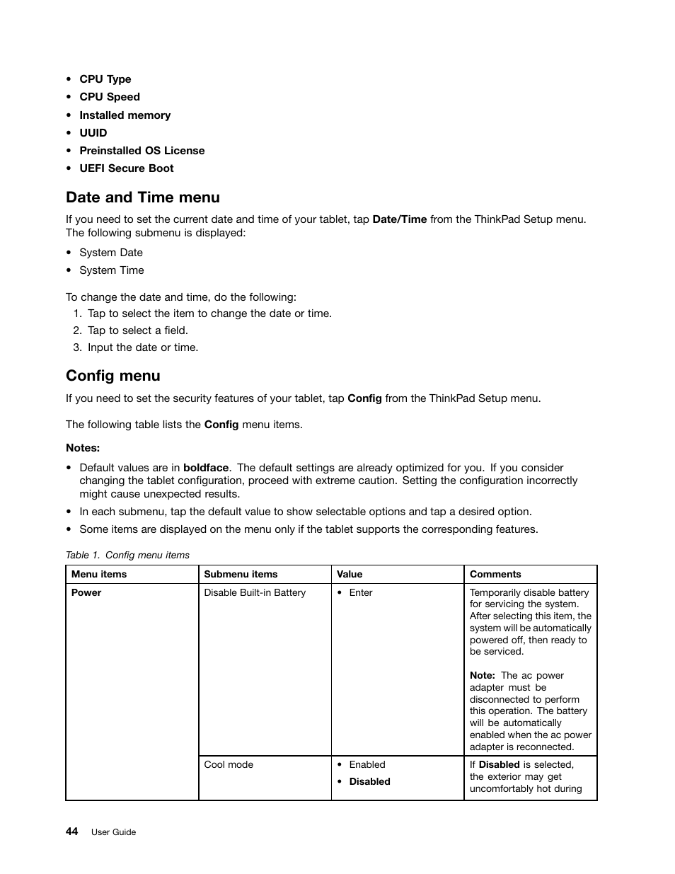 Date and time menu, Config menu | Lenovo ThinkPad Tablet 2 User Manual | Page 52 / 84