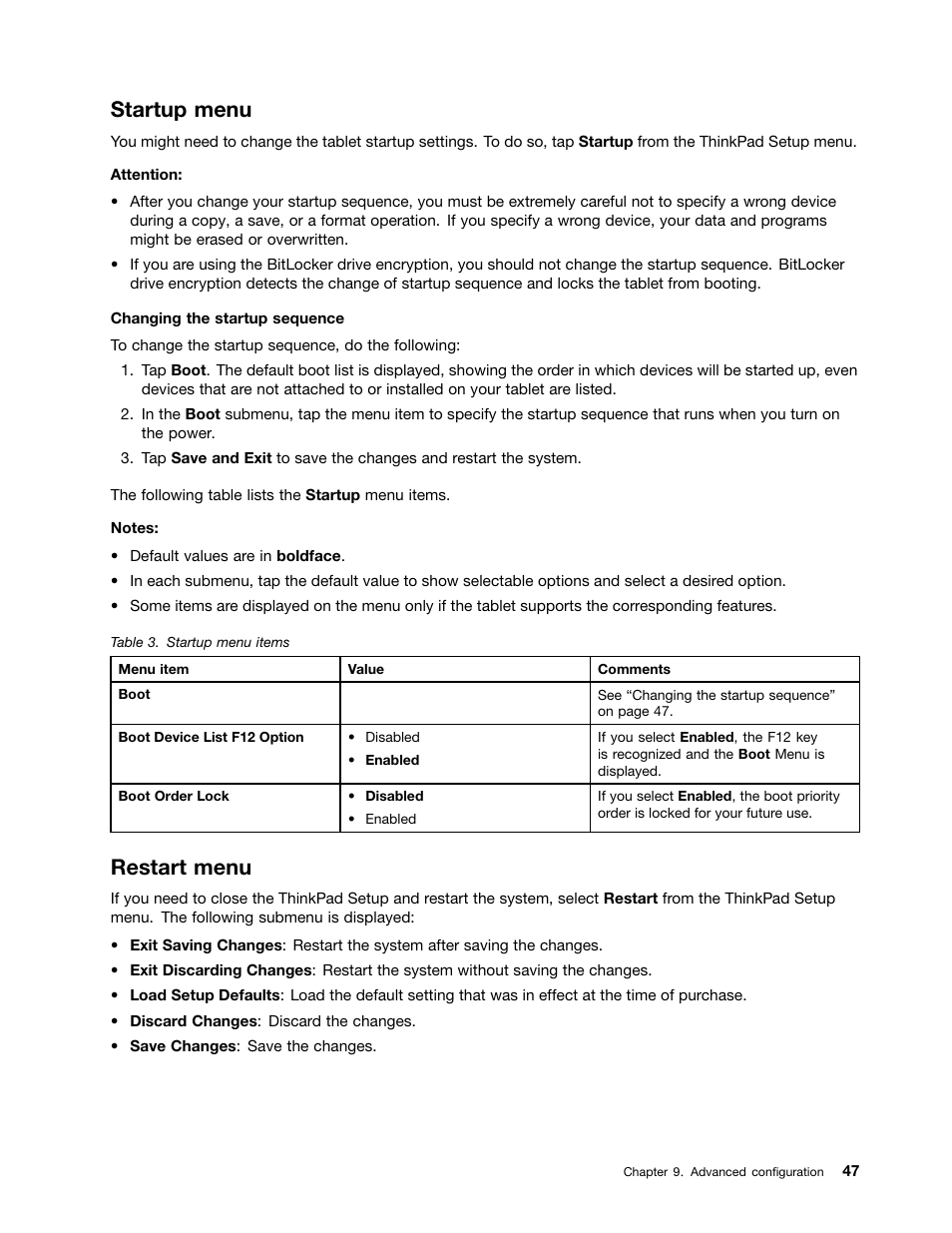 Startup menu, Restart menu | Lenovo ThinkPad Tablet 2 User Manual | Page 55 / 84