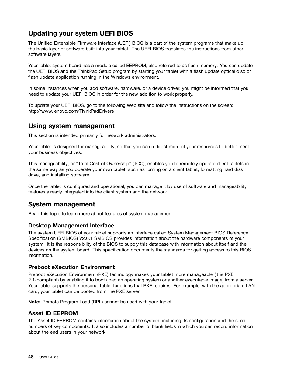 Updating your system uefi bios, Using system management, System management | Lenovo ThinkPad Tablet 2 User Manual | Page 56 / 84