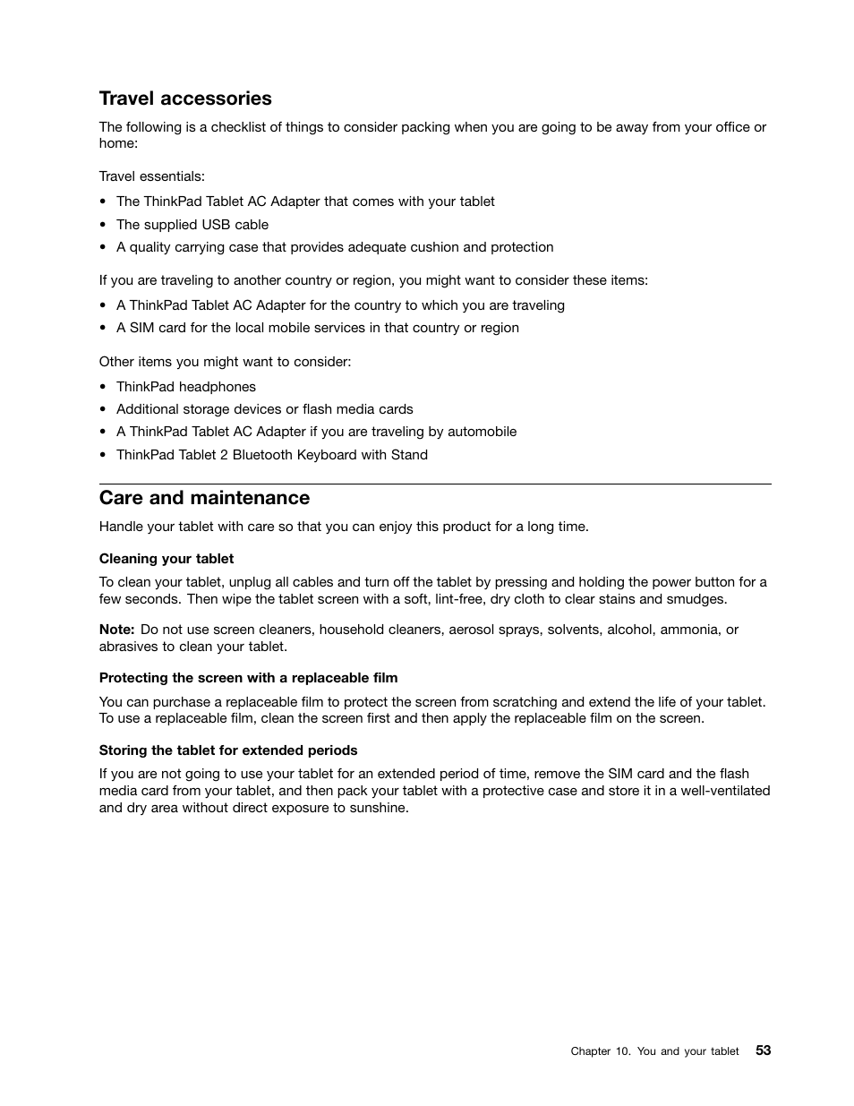 Travel accessories, Care and maintenance | Lenovo ThinkPad Tablet 2 User Manual | Page 61 / 84