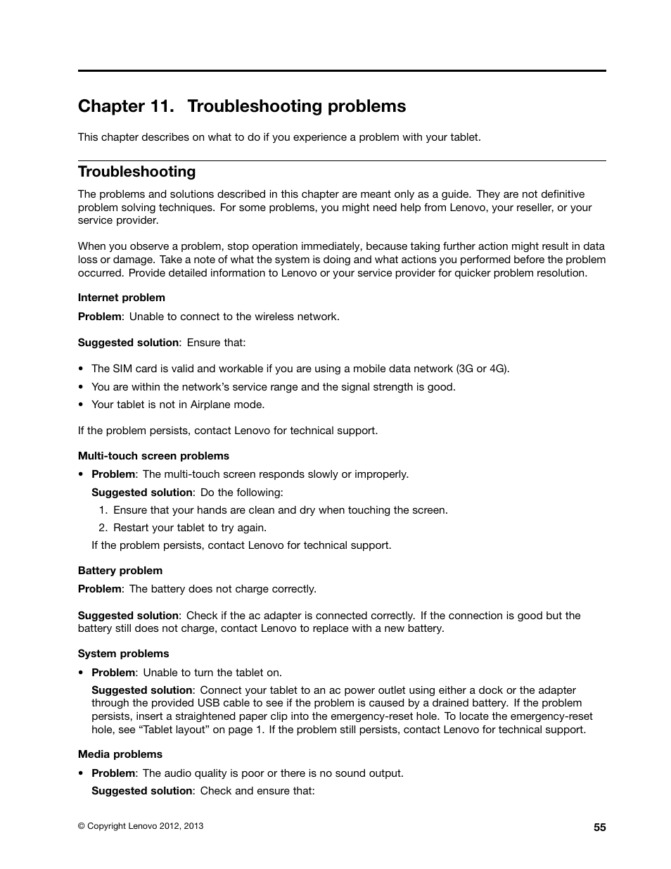 Chapter 11. troubleshooting problems, Troubleshooting | Lenovo ThinkPad Tablet 2 User Manual | Page 63 / 84