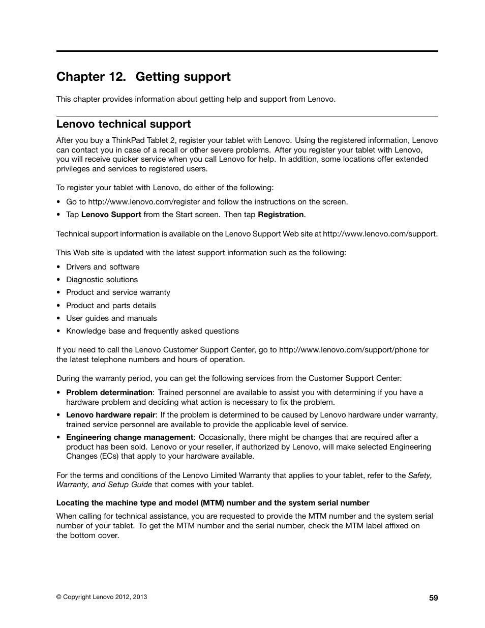 Chapter 12. getting support, Lenovo technical support | Lenovo ThinkPad Tablet 2 User Manual | Page 67 / 84