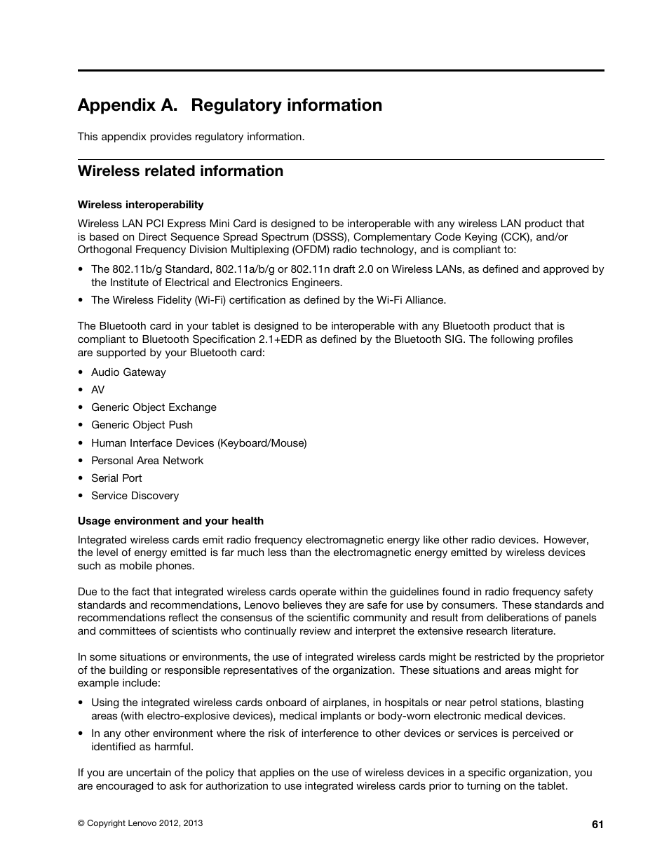 Appendix a. regulatory information, Wireless related information | Lenovo ThinkPad Tablet 2 User Manual | Page 69 / 84