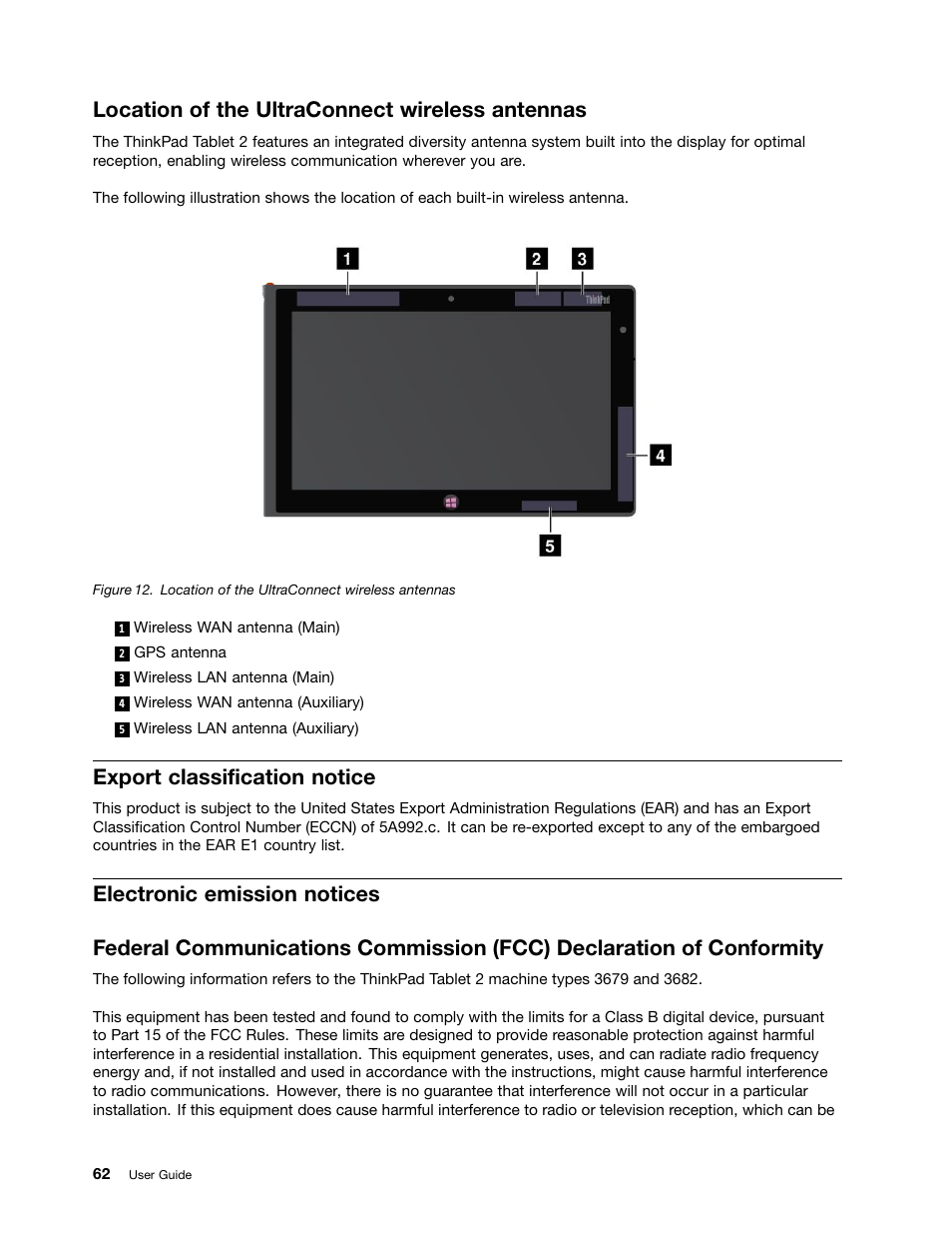 Location of the ultraconnect wireless antennas, Export classification notice, Electronic emission notices | Lenovo ThinkPad Tablet 2 User Manual | Page 70 / 84