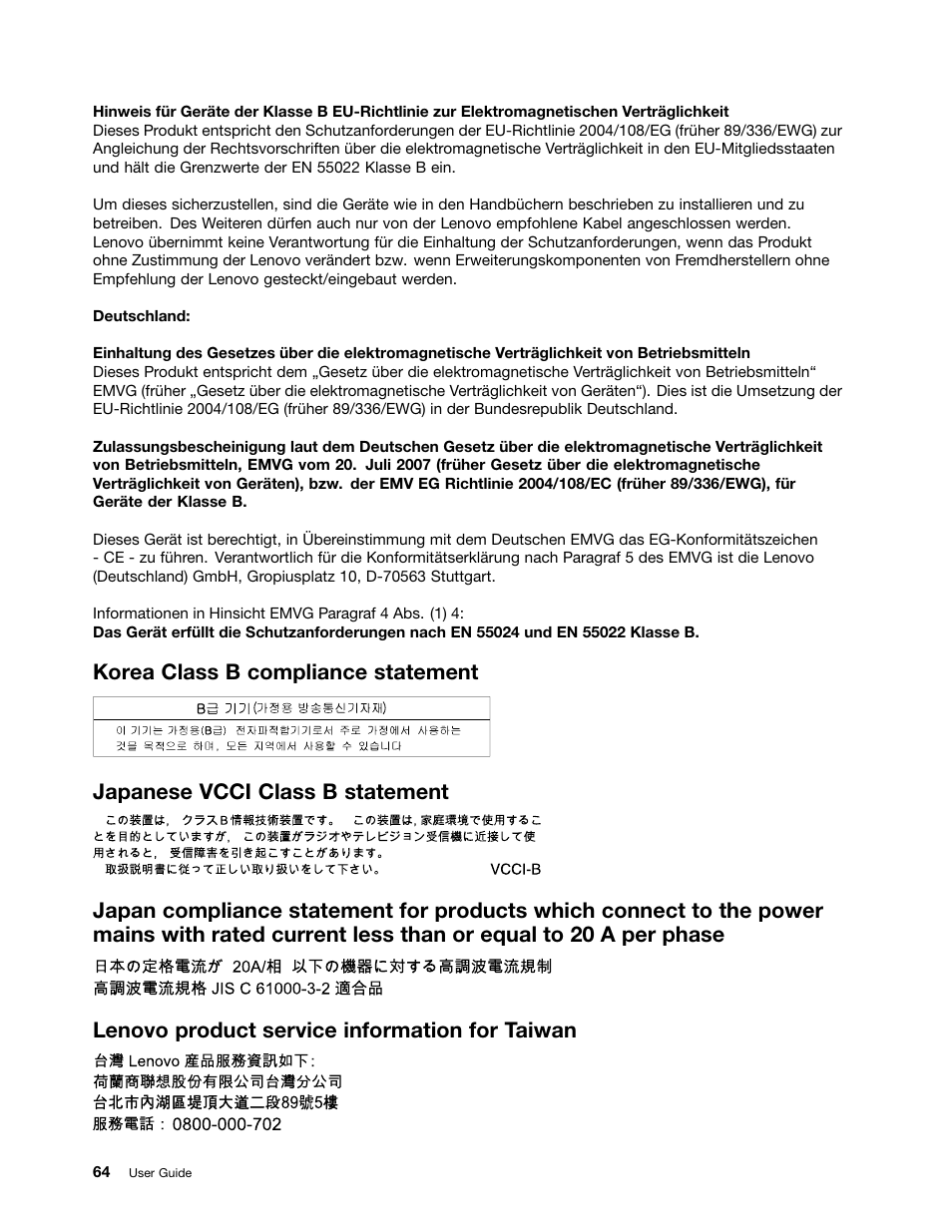 Korea class b compliance statement, Japanese vcci class b statement, Lenovo product service information for taiwan | Lenovo ThinkPad Tablet 2 User Manual | Page 72 / 84