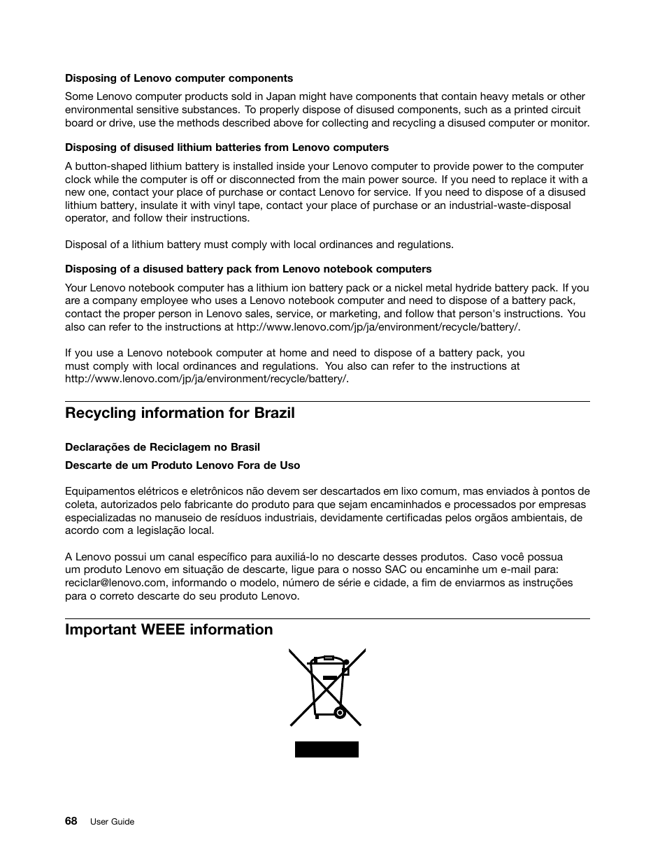 Recycling information for brazil, Important weee information | Lenovo ThinkPad Tablet 2 User Manual | Page 76 / 84