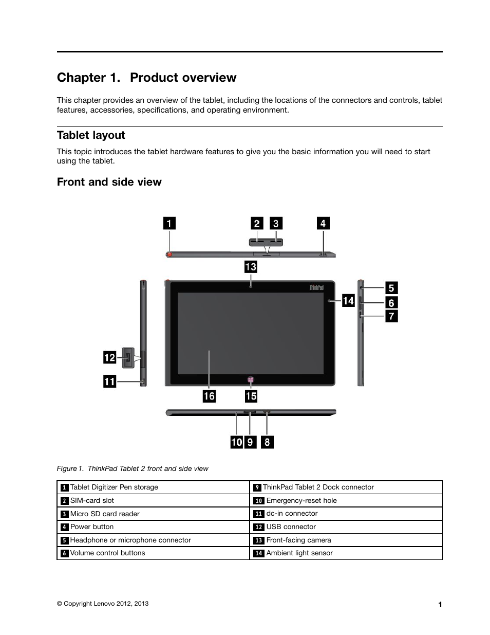 Chapter 1. product overview, Tablet layout, Front and side view | Lenovo ThinkPad Tablet 2 User Manual | Page 9 / 84