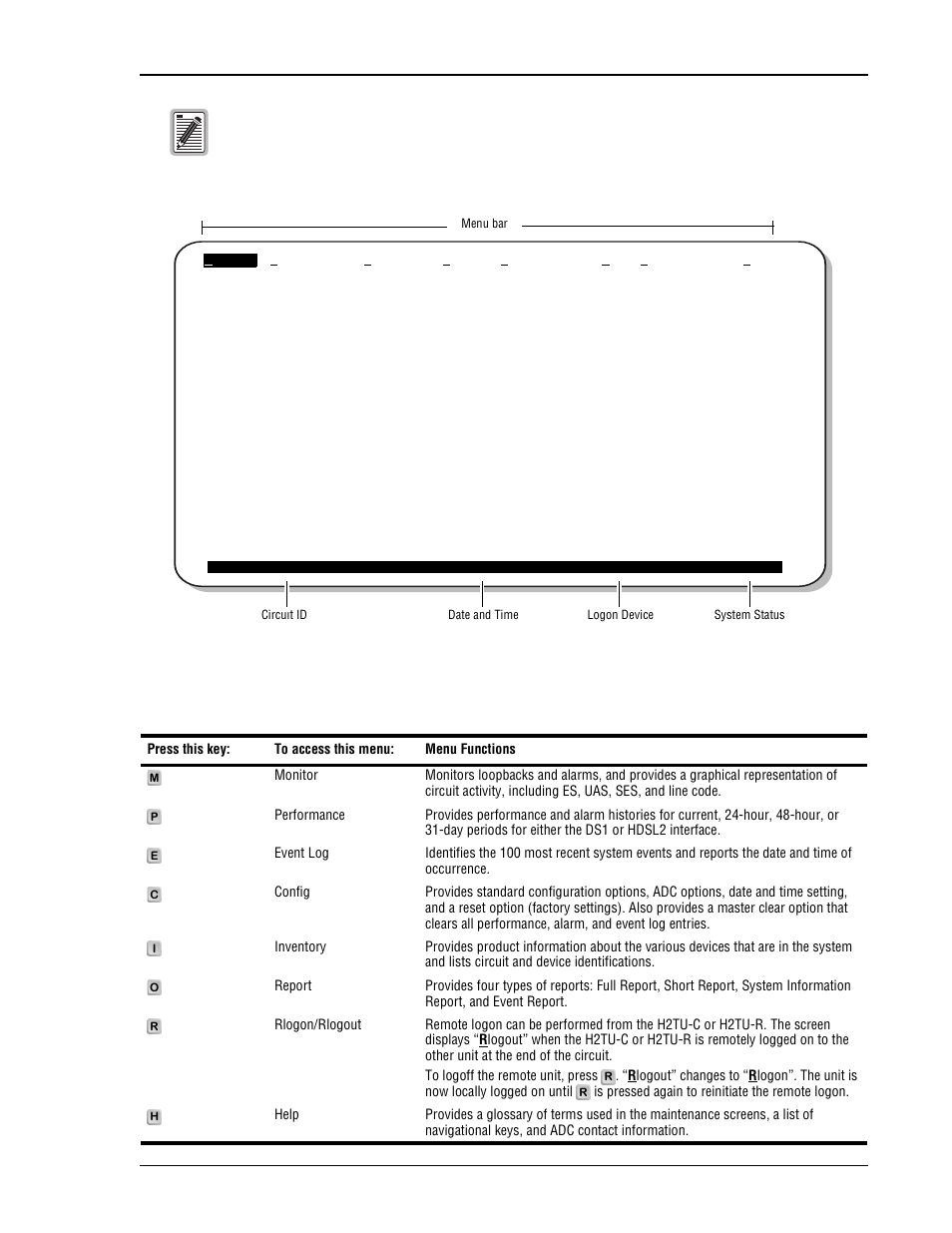 Logon screen, Logon screen menus, N in | ADC HiGain H2TU-C-319 List 4E User Manual | Page 21 / 88