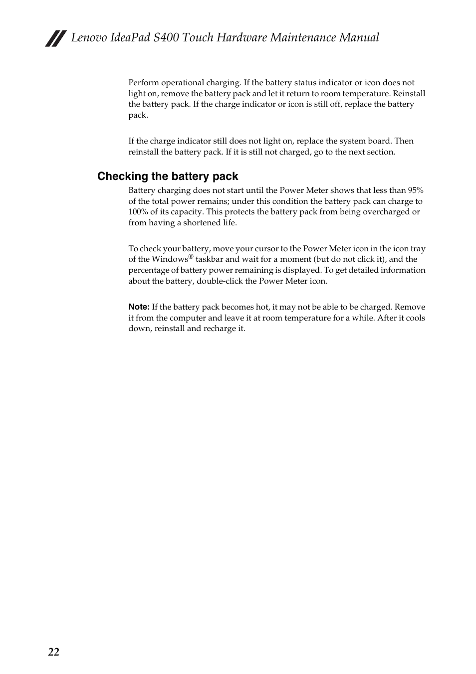 Checking the battery pack | Lenovo IdeaPad S400 Touch Notebook User Manual | Page 26 / 80