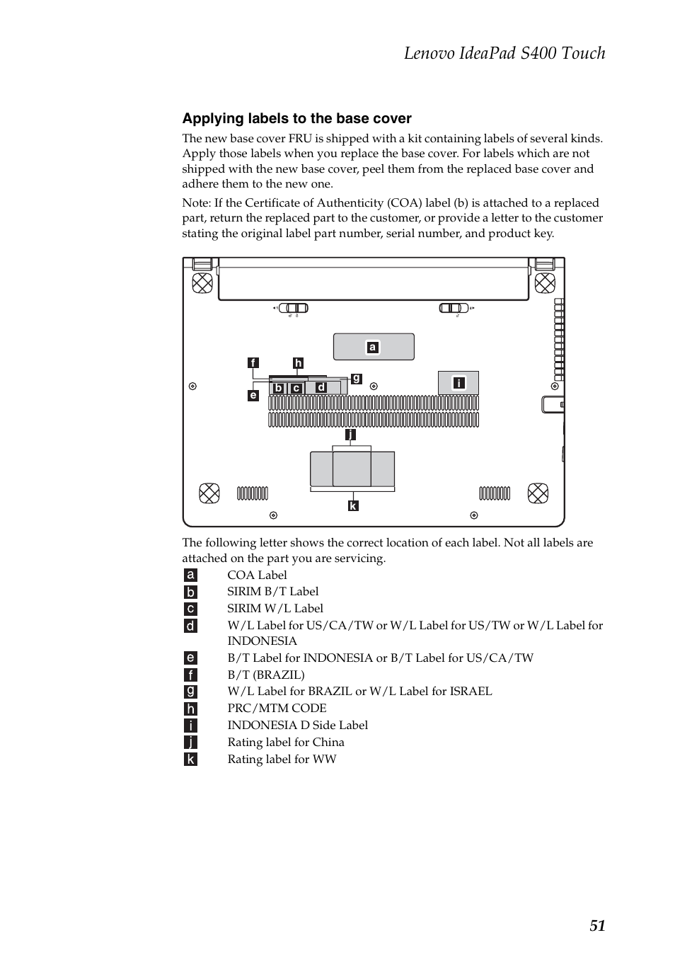 Lenovo ideapad s400 touch, Applying labels to the base cover | Lenovo IdeaPad S400 Touch Notebook User Manual | Page 55 / 80