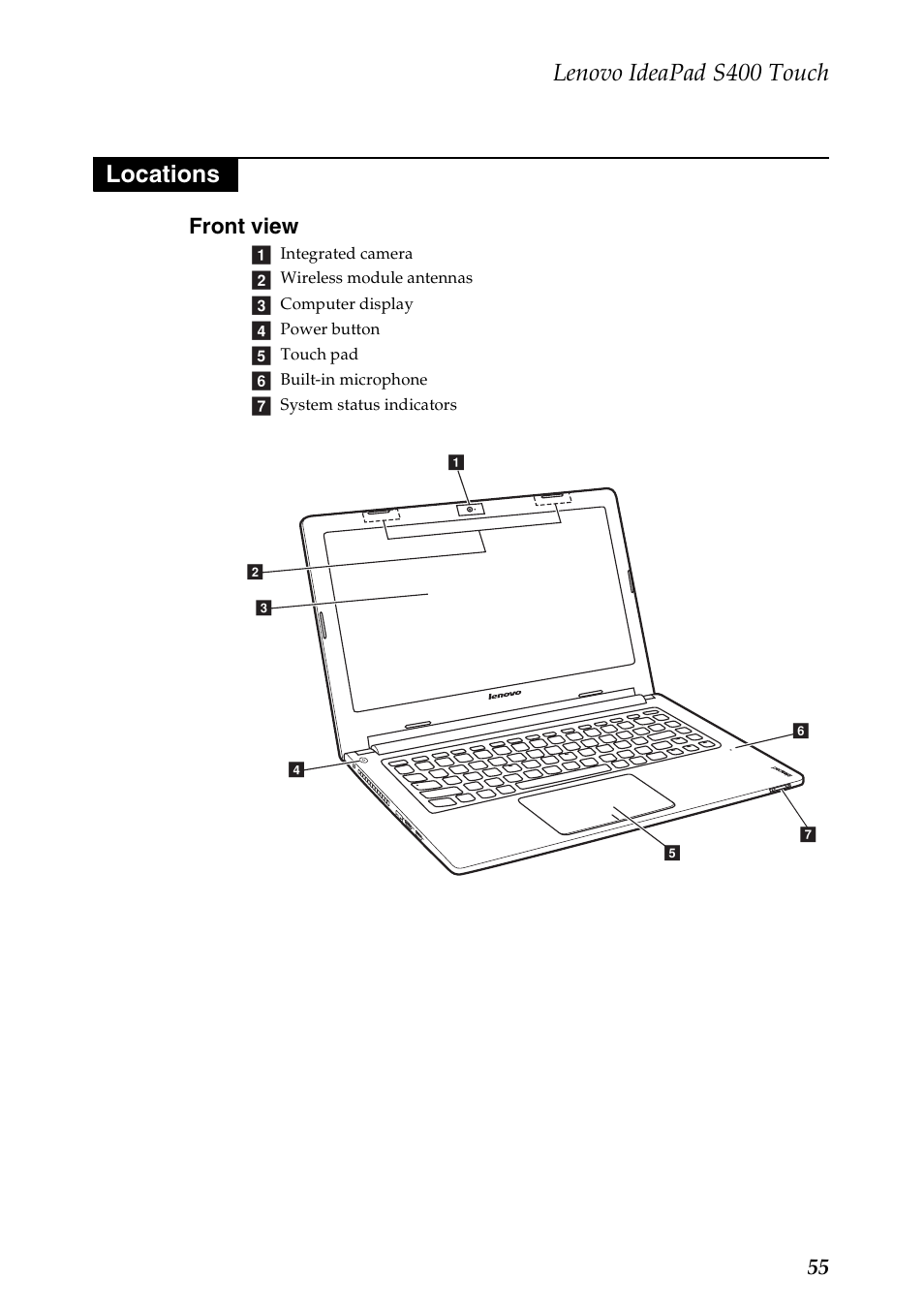 Locations, Front view, Lenovo ideapad s400 touch | 55 front view | Lenovo IdeaPad S400 Touch Notebook User Manual | Page 59 / 80