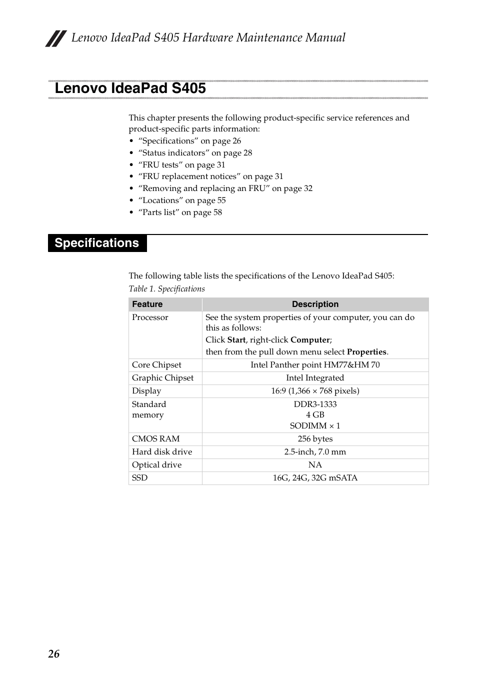 Lenovo ideapad s405, Specifications, Lenovo ideapad s405 specifications | Lenovo ideapad s405 hardware maintenance manual | Lenovo IdeaPad S405 Notebook User Manual | Page 30 / 78