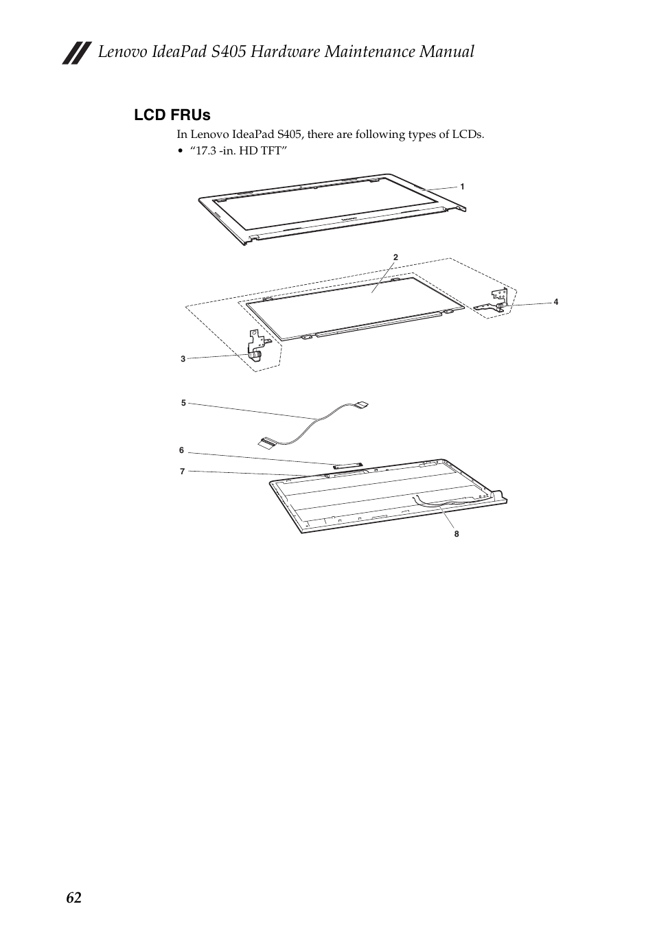 Lcd frus, Lenovo ideapad s405 hardware maintenance manual, 62 lcd frus | Lenovo IdeaPad S405 Notebook User Manual | Page 66 / 78