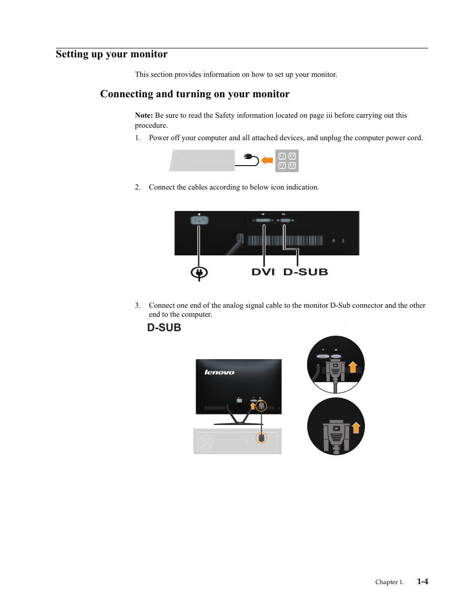 Setting up your monitor, Connecting and turning on your monitor, Setting up your monitor -4 | Connecting and turning on your monitor -4, D-sub | Lenovo LI2221s Wide Flat Panel Monitor User Manual | Page 8 / 32