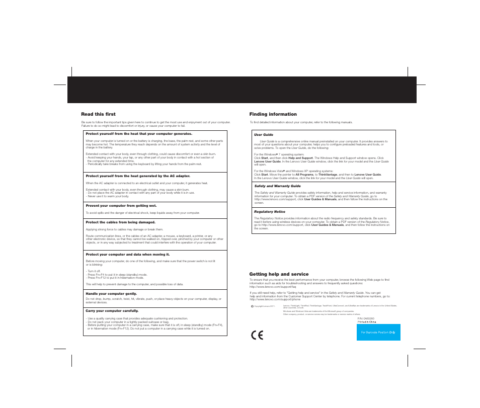 Getting help and service, Read this first, Finding information | Lenovo ThinkPad L421 User Manual | Page 2 / 2