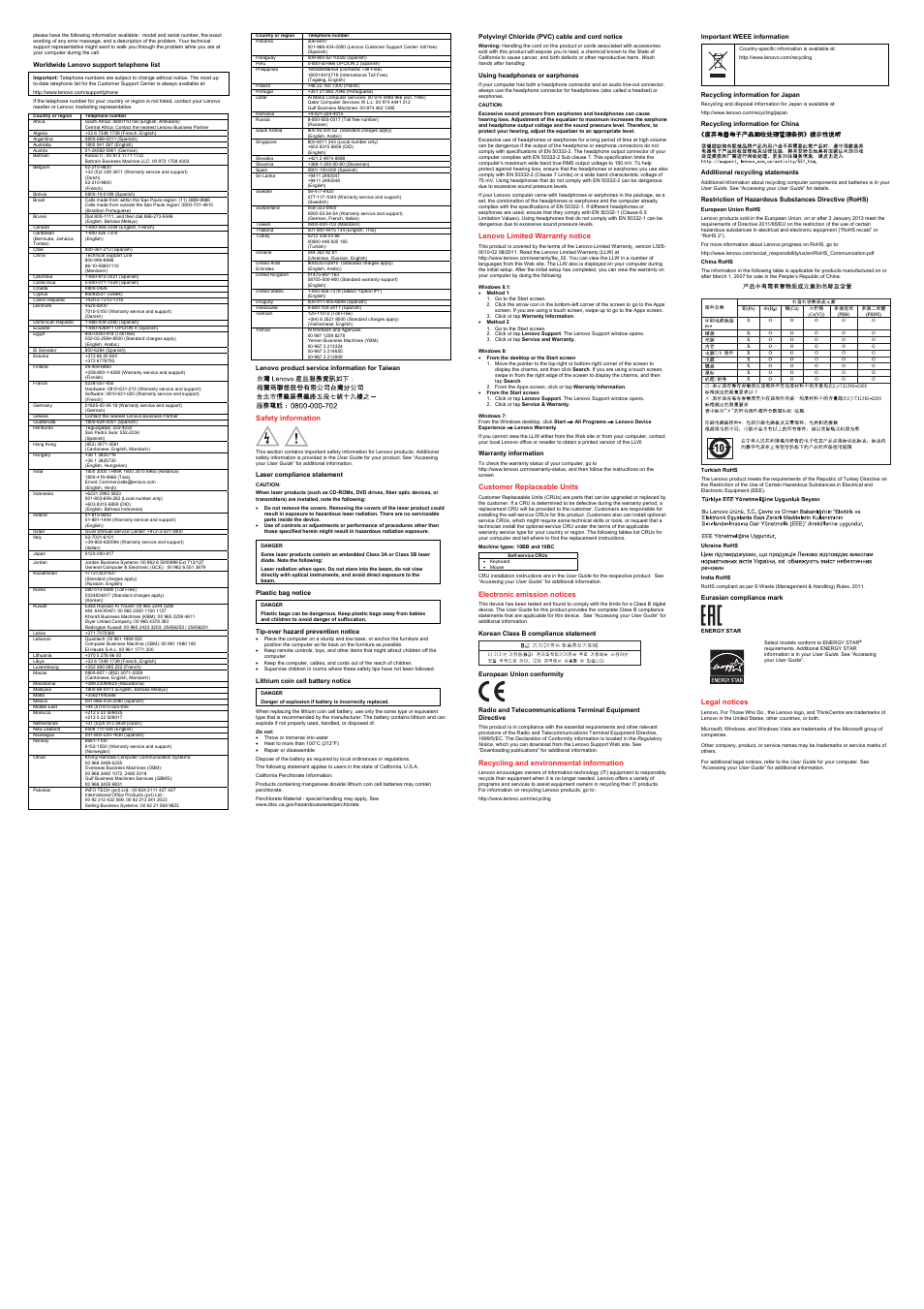 Worldwide lenovo support telephone list, Lenovo product service information for taiwan, Safety information | Lithium coin cell battery notice, Warranty information, Korean class b compliance statement, European union conformity, Important weee information, Recycling information for china, Eurasian compliance mark | Lenovo ThinkCentre M73z User Manual | Page 2 / 2