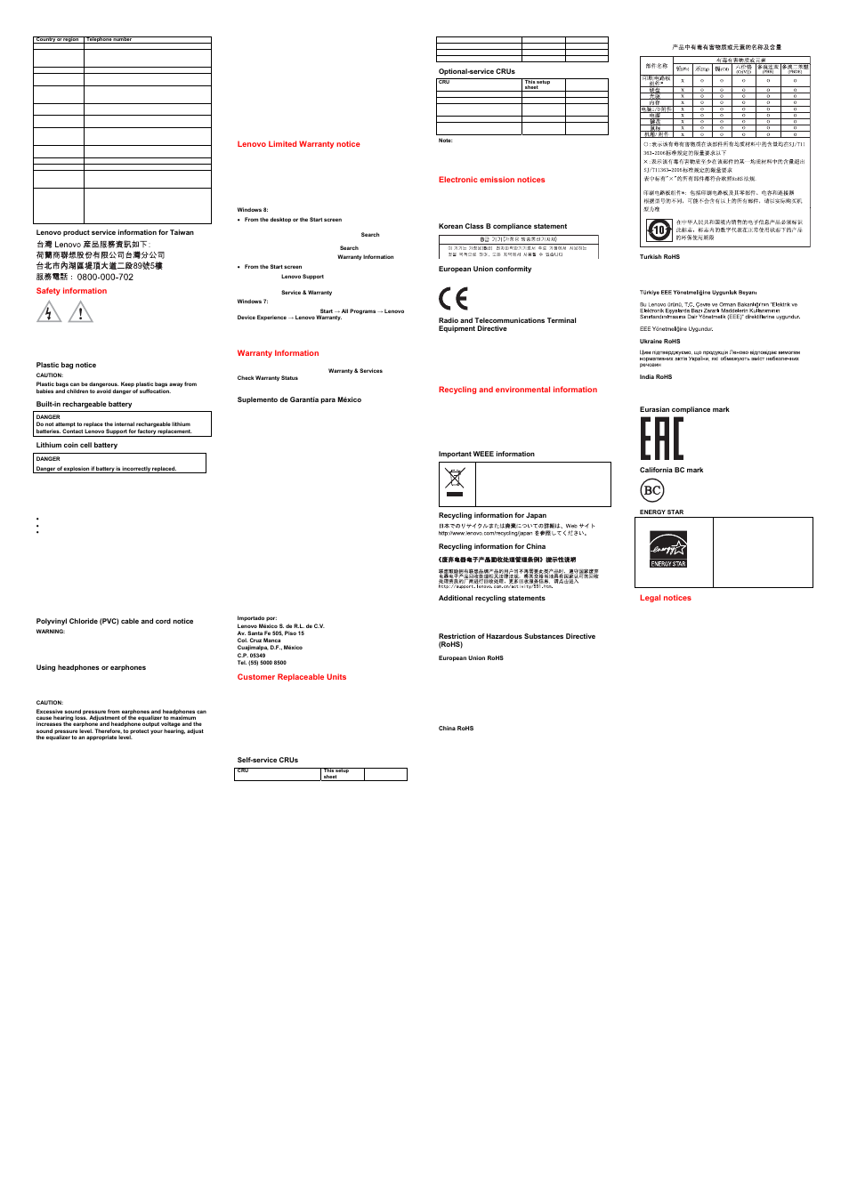 Lenovo product service information for taiwan, Safety information, Plastic bag notice | Built-in rechargeable battery, Lithium coin cell battery, Polyvinyl chloride (pvc) cable and cord notice, Using headphones or earphones, Lenovo limited warranty notice, Warranty information, Suplemento de garantía para méxico | Lenovo ThinkPad S431 User Manual | Page 2 / 2