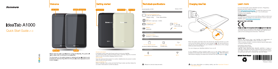 Lenovo A1000 Tablet User Manual | 2 pages