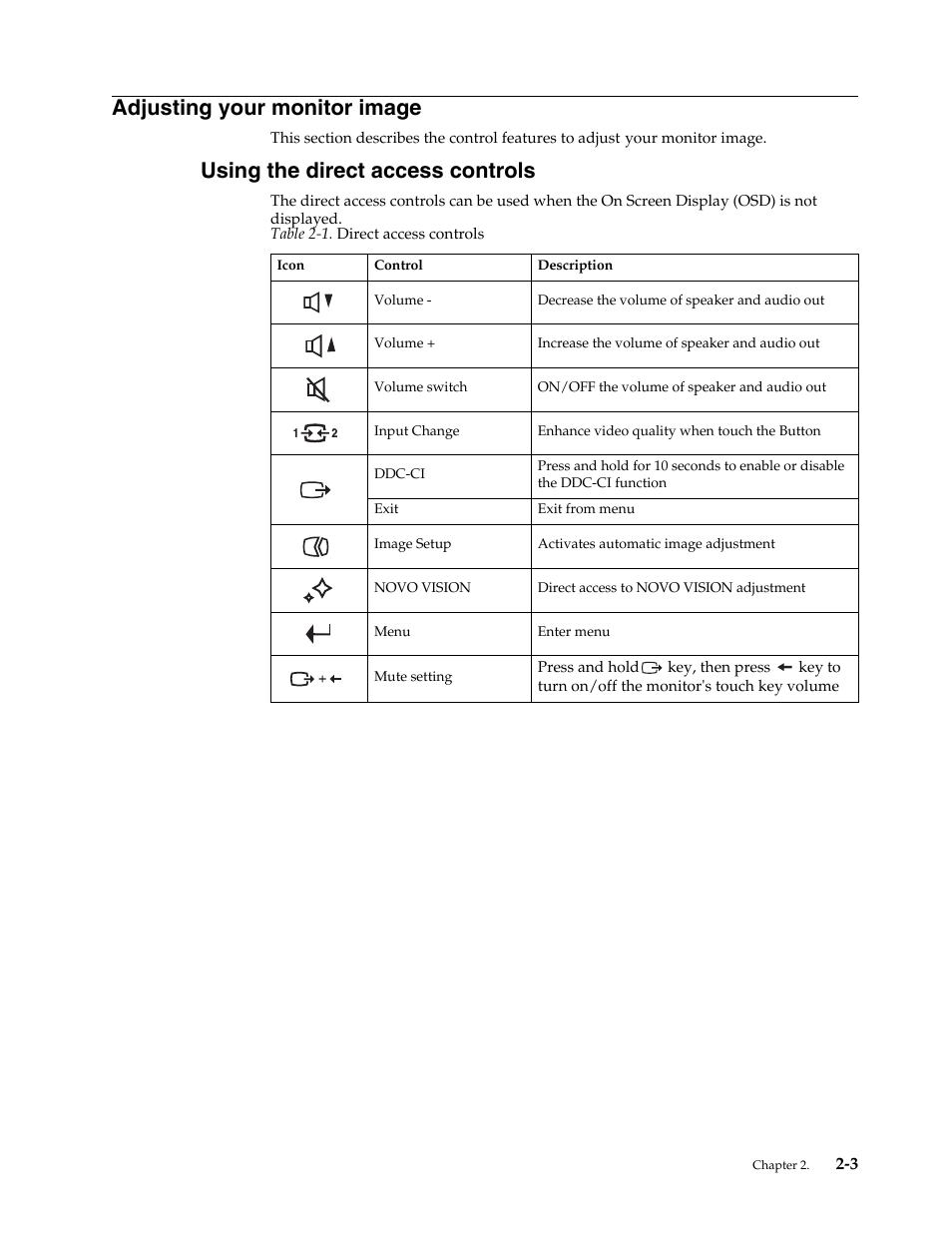 Adjusting your monitor image, Using the direct access controls, Adjusting your monitor image -3 | Using the direct access controls -3 | Lenovo L2362p Wide Flat Panel Monitor User Manual | Page 14 / 34