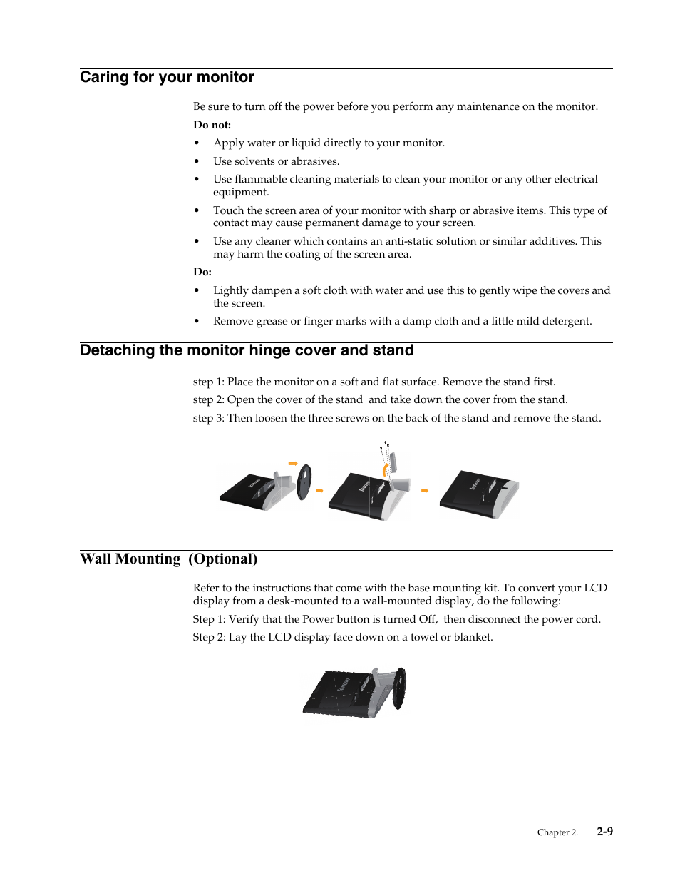 Caring for your monitor, Detaching the monitor hinge cover and stand, Wall mounting (optional) | Caring for your monitor -9, Wall mounting | Lenovo L2362p Wide Flat Panel Monitor User Manual | Page 20 / 34