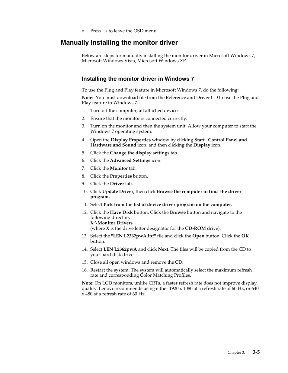 Manually installing the monitor driver, Installing the monitor driver in windows 7, Manually installing the monitor driver -5 | Installing the monitor driver in windows 7 -5 | Lenovo L2362p Wide Flat Panel Monitor User Manual | Page 26 / 34