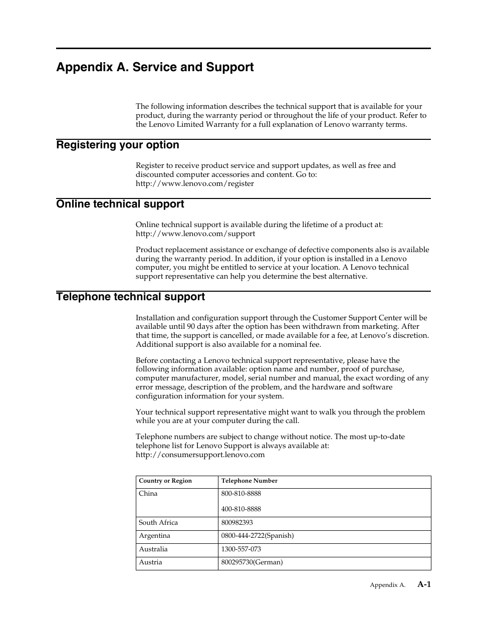 Appendix a. service and support, Appendix a, Appendix a."service | Registering your option, Online technical support, Telephone technical support | Lenovo L2362p Wide Flat Panel Monitor User Manual | Page 29 / 34