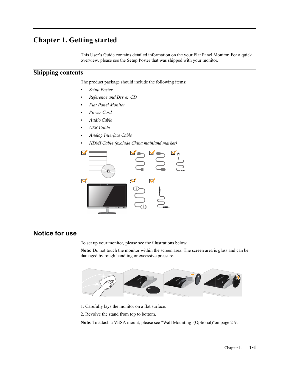 Chapter 1. getting started, Shipping contents, Notice for use | Chapter 1. getting, Shipping contents -1, Notice for use -1 | Lenovo L2362p Wide Flat Panel Monitor User Manual | Page 5 / 34