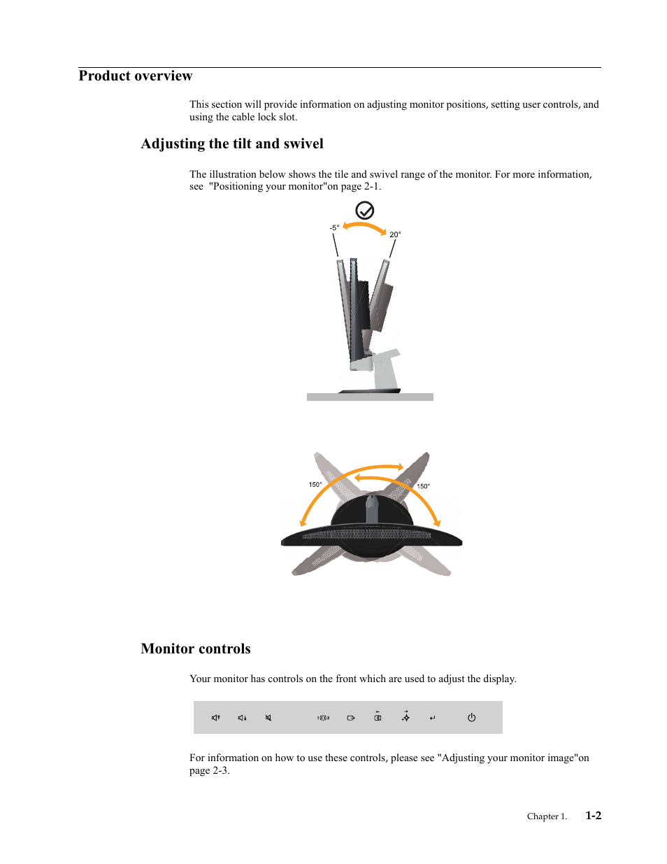 Product overview, Adjusting the tilt and swivel, Monitor controls | Product overview -2, Adjusting the tilt and swivel -2, Monitor controls -2 | Lenovo L2362p Wide Flat Panel Monitor User Manual | Page 6 / 34