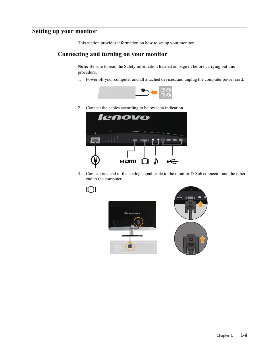 Setting up your monitor, Connecting and turning on your monitor, Setting up your monitor -4 | Connecting and turning on your monitor -4 | Lenovo L2362p Wide Flat Panel Monitor User Manual | Page 8 / 34