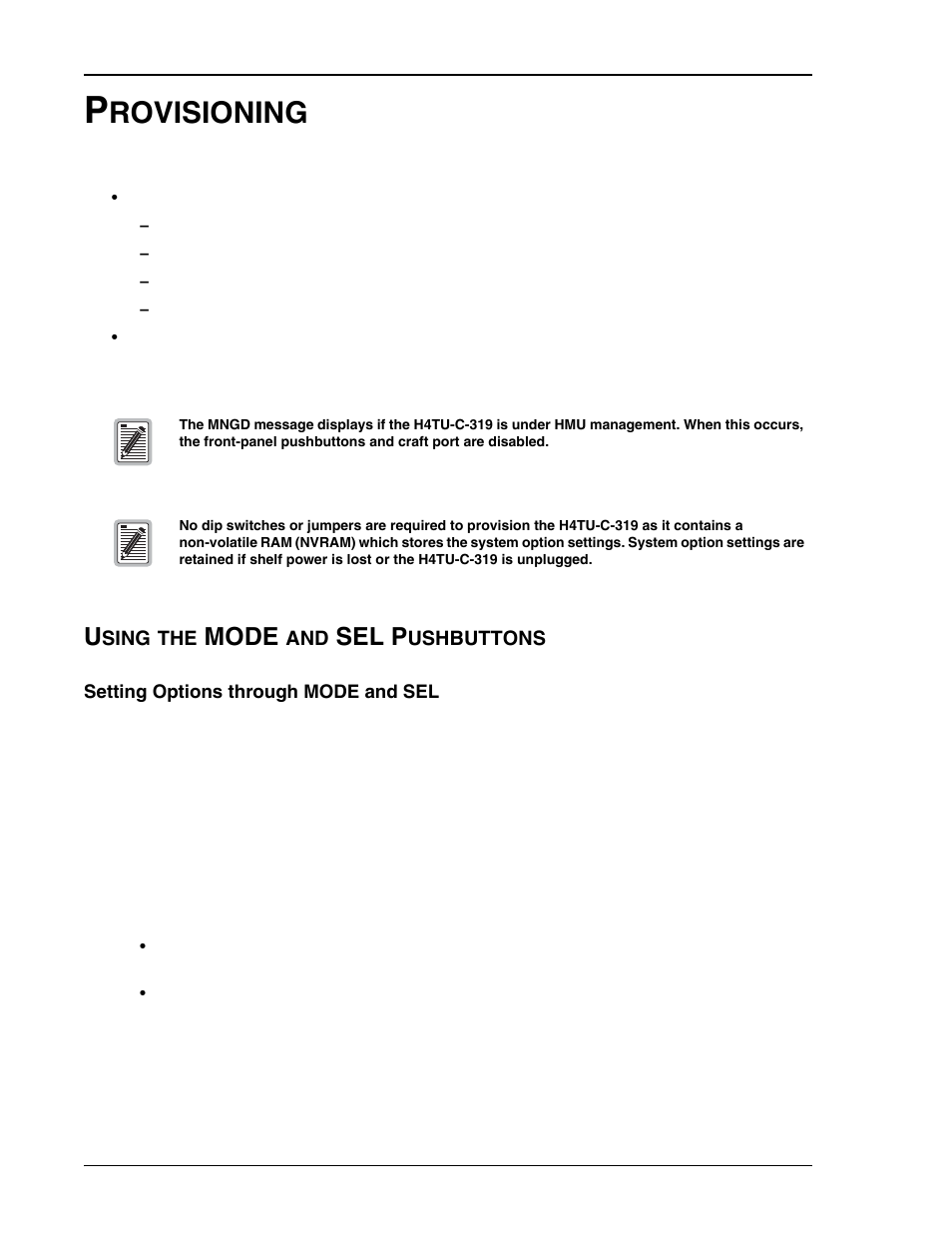 Provisioning, Using the mode and sel pushbuttons, Setting options through mode and sel | Rovisioning, Mode, Sel p | ADC HDSL4 User Manual | Page 18 / 79