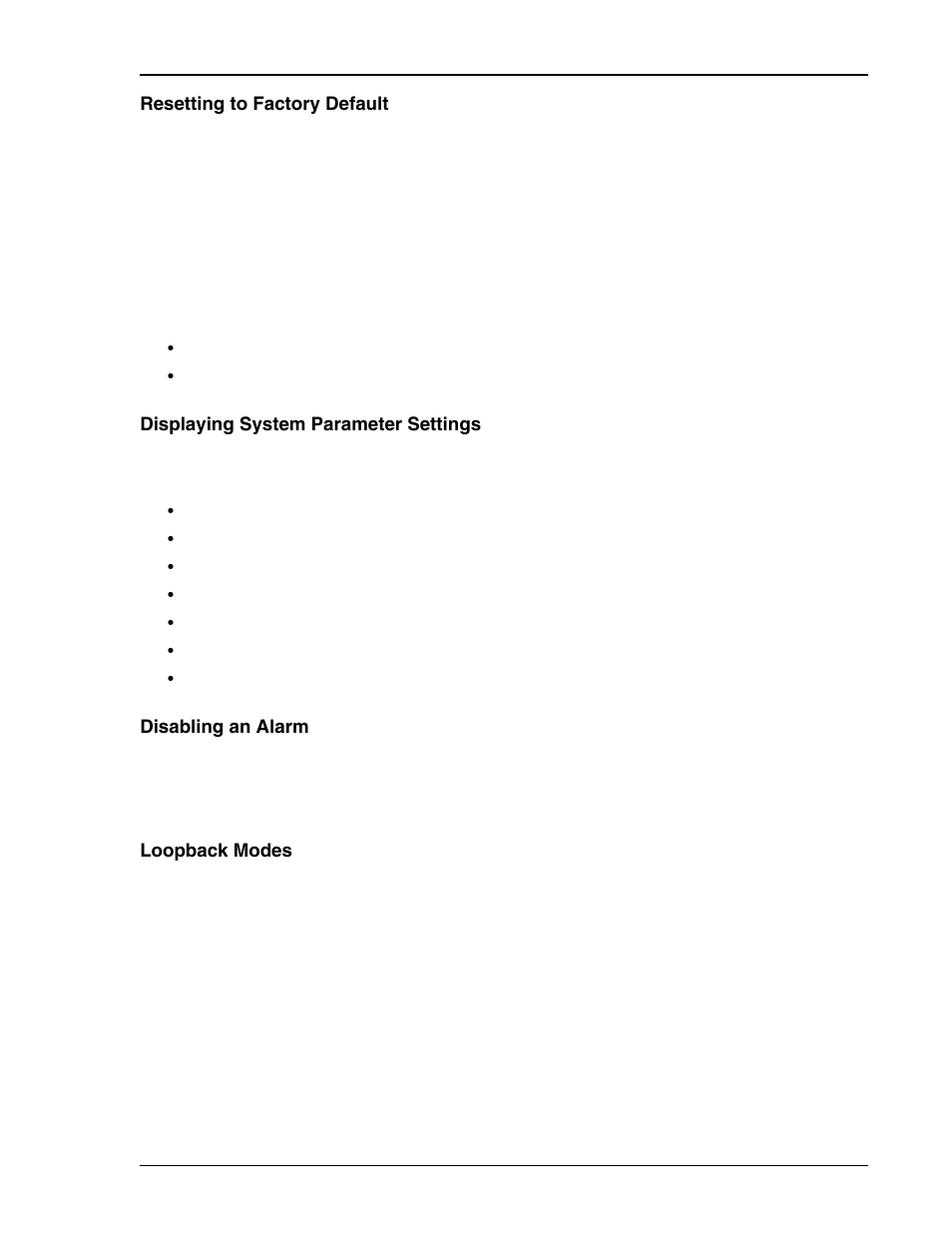 Resetting to factory default, Displaying system parameter settings, Disabling an alarm | Loopback modes | ADC HDSL4 User Manual | Page 19 / 79