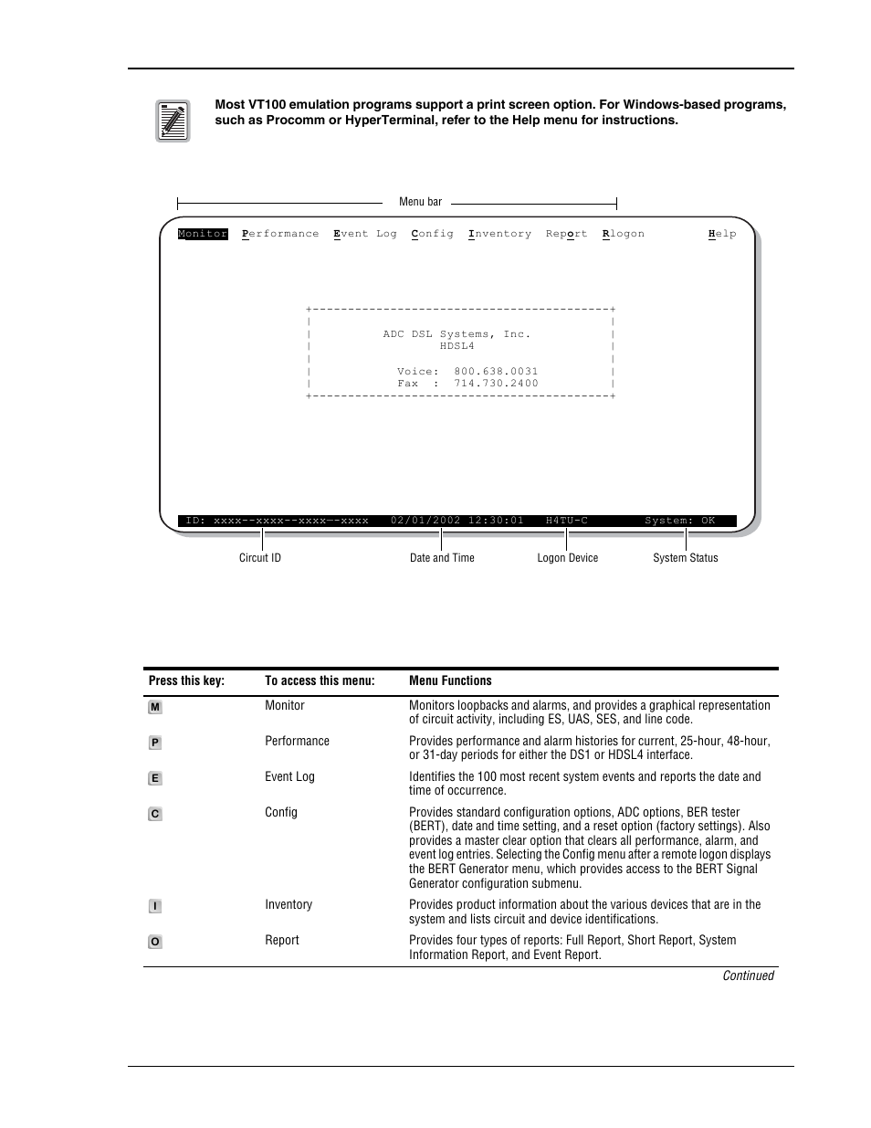 Logon screen, Logon screen menus | ADC HDSL4 User Manual | Page 21 / 79