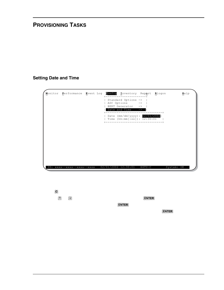 Provisioning tasks, Setting date and time, Config menu - date and time | Rovisioning, Asks | ADC HDSL4 User Manual | Page 23 / 79