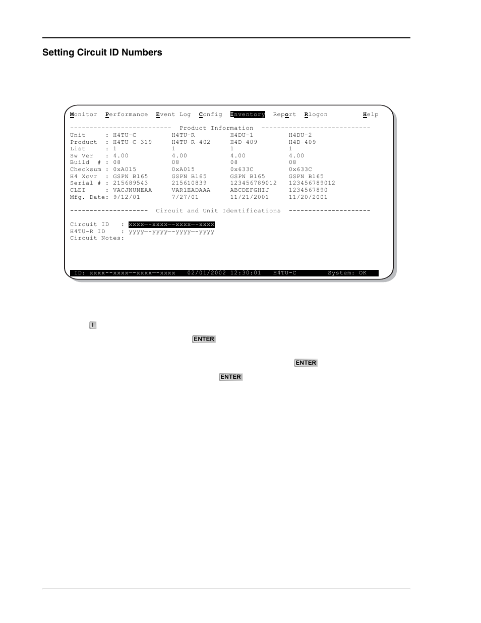 Setting circuit id numbers, Inventory screen | ADC HDSL4 User Manual | Page 24 / 79