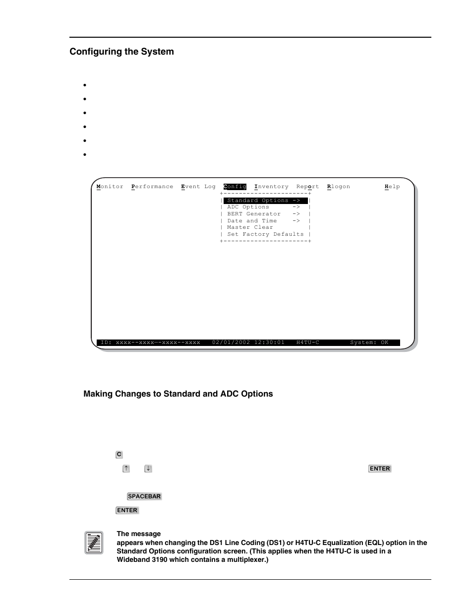 Configuring the system, Config menu | ADC HDSL4 User Manual | Page 25 / 79