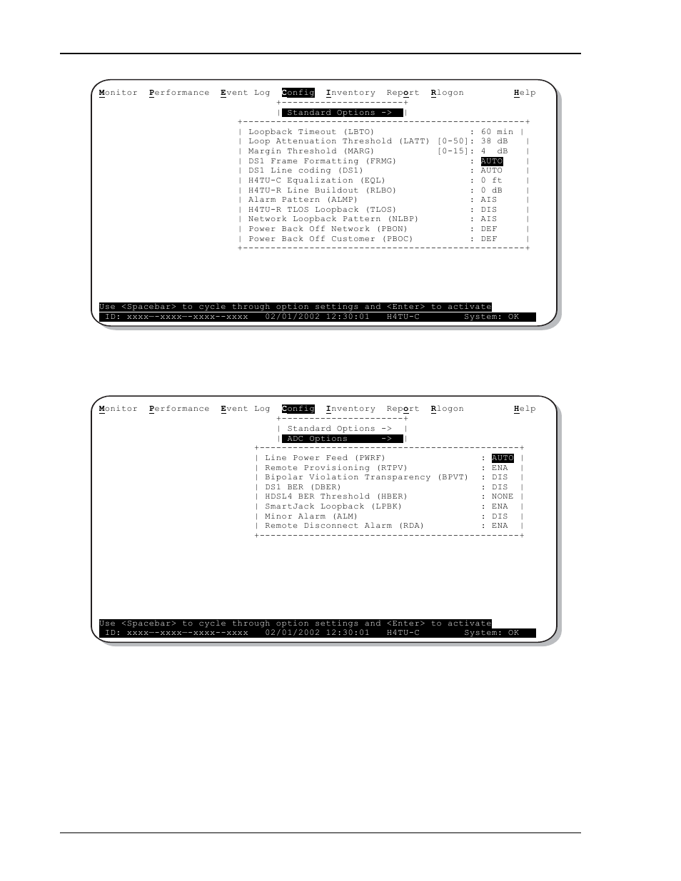 Config menu - standard options (defaults shown), Config menu - adc options (defaults shown), Ions | Figure 7 | ADC HDSL4 User Manual | Page 26 / 79