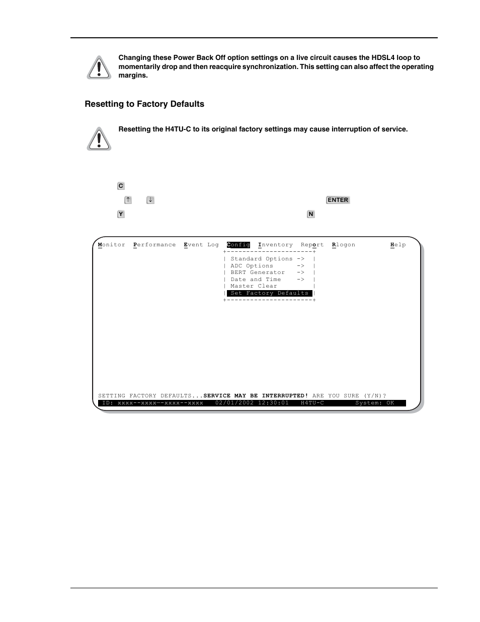 Config menu - set factory defaults, Resetting to factory defaults | ADC HDSL4 User Manual | Page 31 / 79