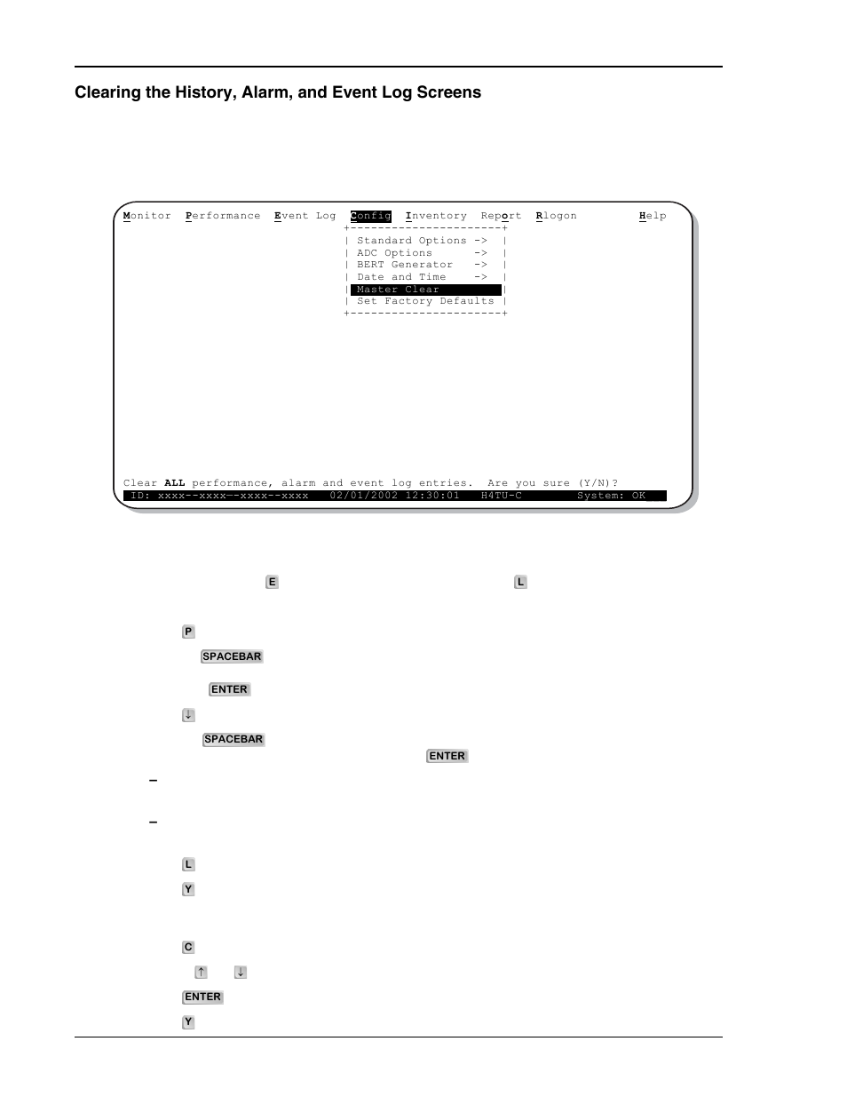 Clearing the history, alarm, and event log screens, Config menu - master clear, Clearing the | ADC HDSL4 User Manual | Page 32 / 79