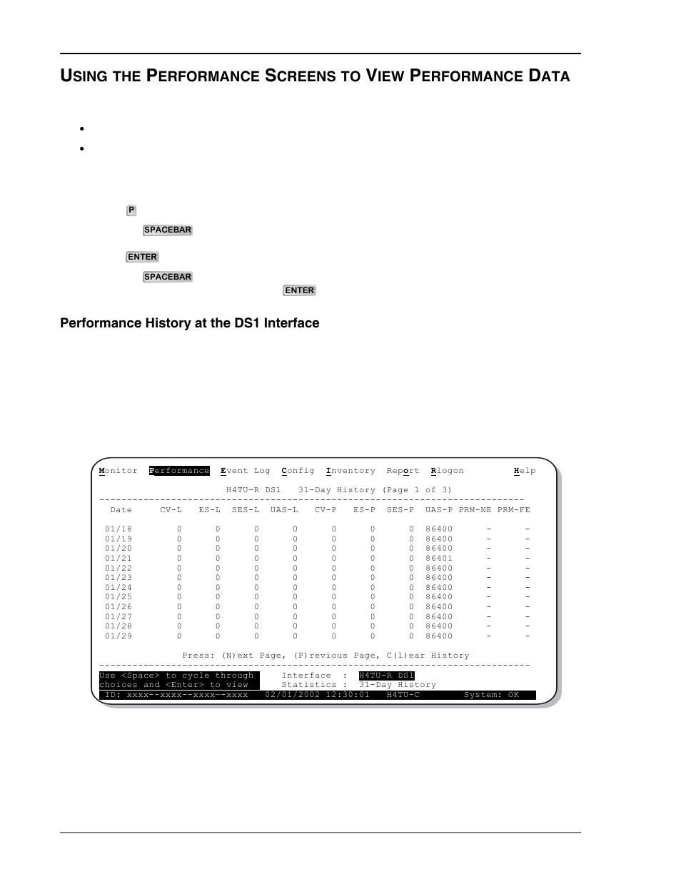 Performance history at the ds1 interface, H4tu-r ds1 31-day performance history, Sing | Erformance, Creens | ADC HDSL4 User Manual | Page 36 / 79