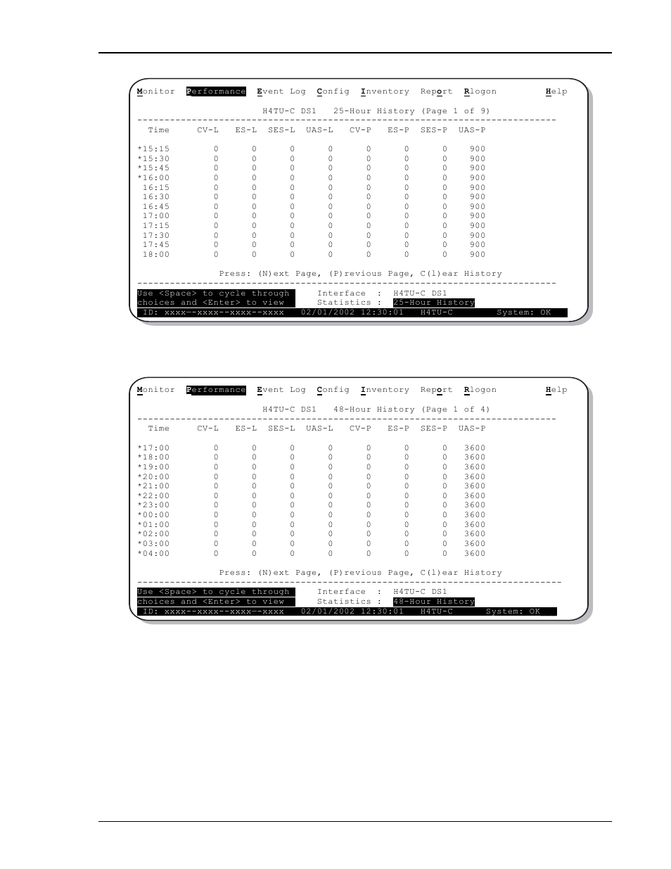 H4tu-c ds1 25-hour performance history, H4tu-c ds1 48-hour performance history, Unit | Figure 14, Figure 15 on | ADC HDSL4 User Manual | Page 37 / 79