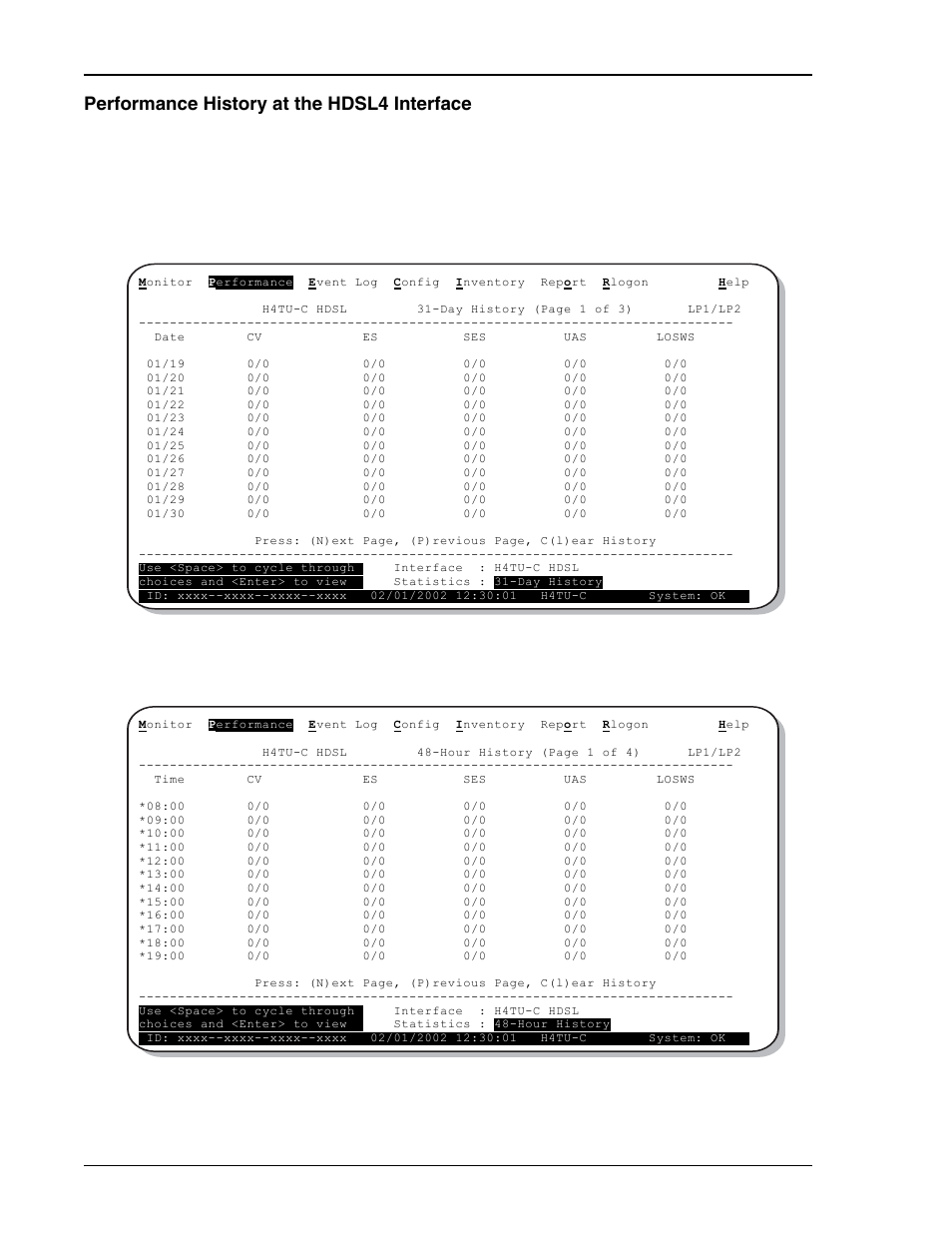 Performance history at the hdsl4 interface | ADC HDSL4 User Manual | Page 40 / 79