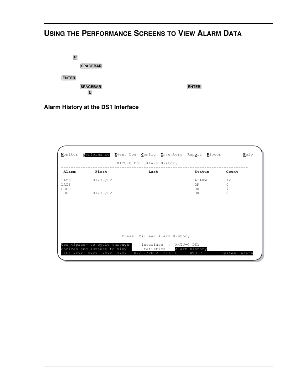 Using the performance screens to view alarm data, Alarm history at the ds1 interface, H4tu-c ds1 alarm history screen | The hdsl4, Sing, Erformance, Creens, Larm | ADC HDSL4 User Manual | Page 43 / 79