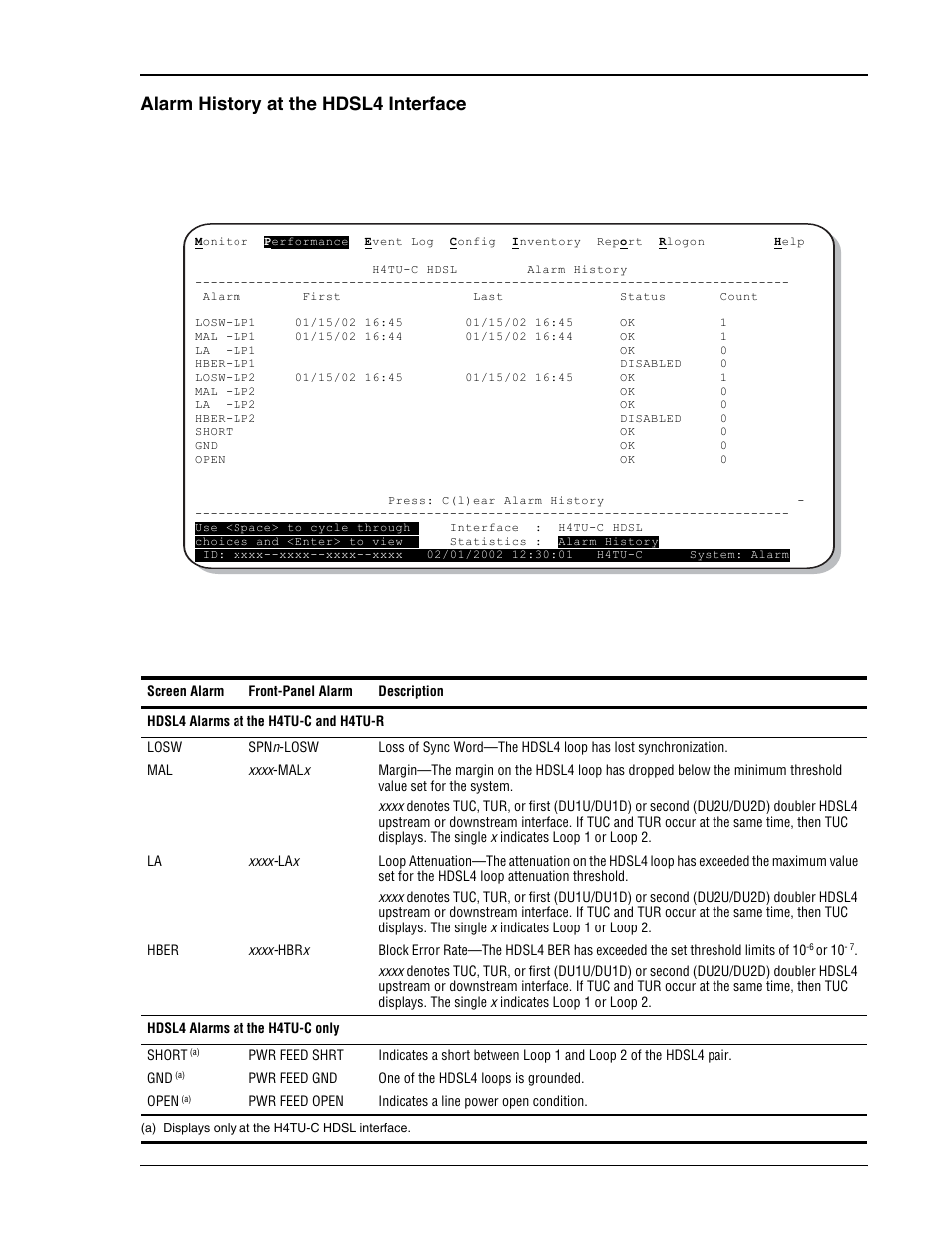 Alarm history at the hdsl4 interface, H4tu-c hdsl alarm history screen, Hdsl4 alarm descriptions | ADC HDSL4 User Manual | Page 45 / 79