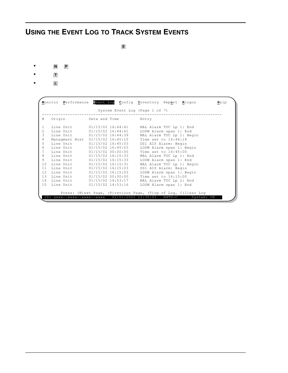 Using the event log to track system events, System event log | ADC HDSL4 User Manual | Page 46 / 79