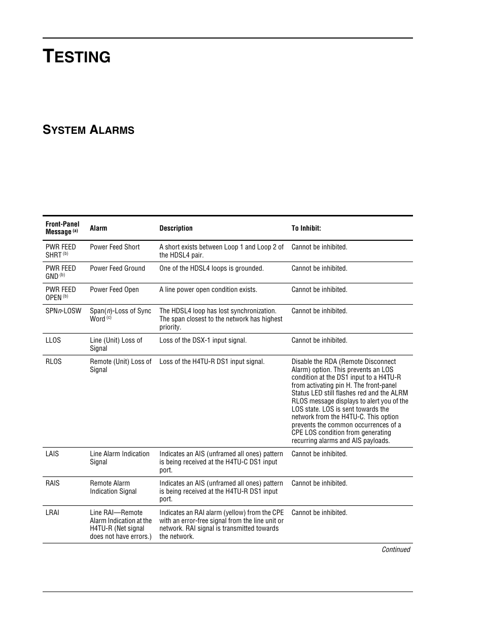 Testing, System alarms, Front-panel system alarms | Esting, Ystem, Larms | ADC HDSL4 User Manual | Page 50 / 79