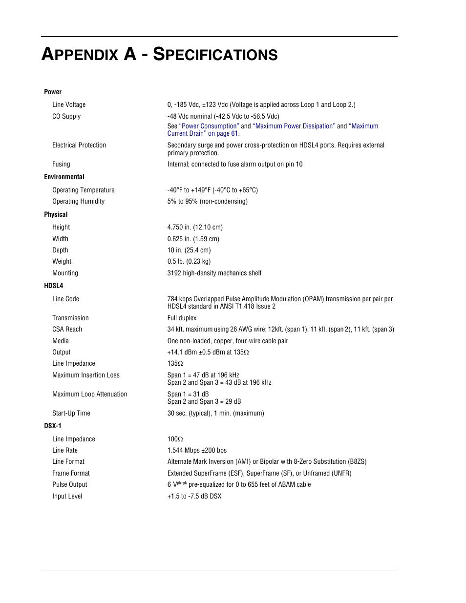 Appendix a - specifications, A - s, Ppendix | Pecifications | ADC HDSL4 User Manual | Page 66 / 79