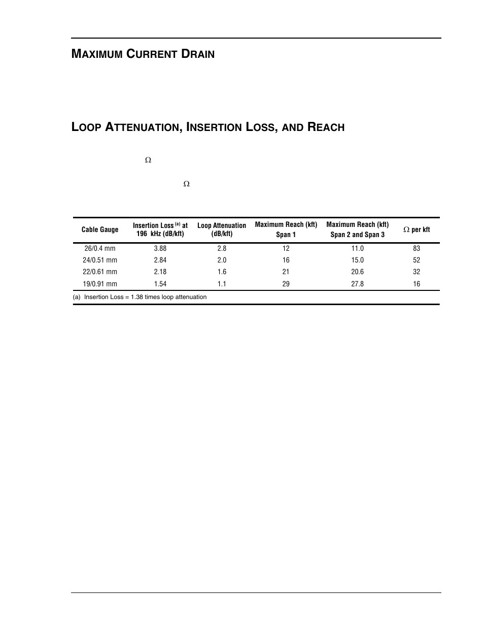 Maximum current drain, Loop attenuation, insertion loss, and reach, Hdsl4 reach chart | Maximum, Rs in, The data in, Table 21 | ADC HDSL4 User Manual | Page 69 / 79