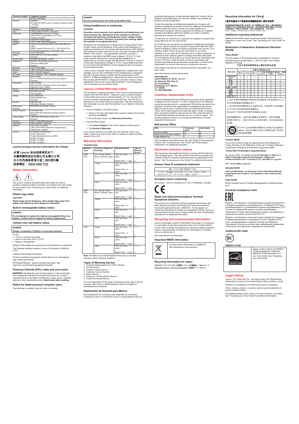 Lenovo product service information for taiwan, Safety information, Plastic bag notice | Built-in rechargeable battery notice, Lithium coin cell battery notice, Polyvinyl chloride (pvc) cable and cord notice, Using headphones or earphones, Lenovo limited warranty notice, Warranty information, Types of warranty service | Lenovo ThinkPad Helix User Manual | Page 2 / 2