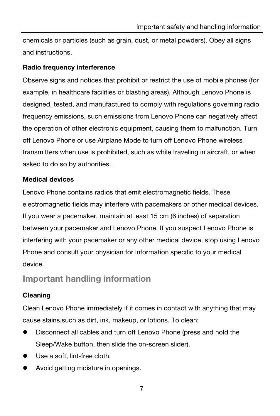 Important handling information | Lenovo S850 Smartphone User Manual | Page 10 / 61