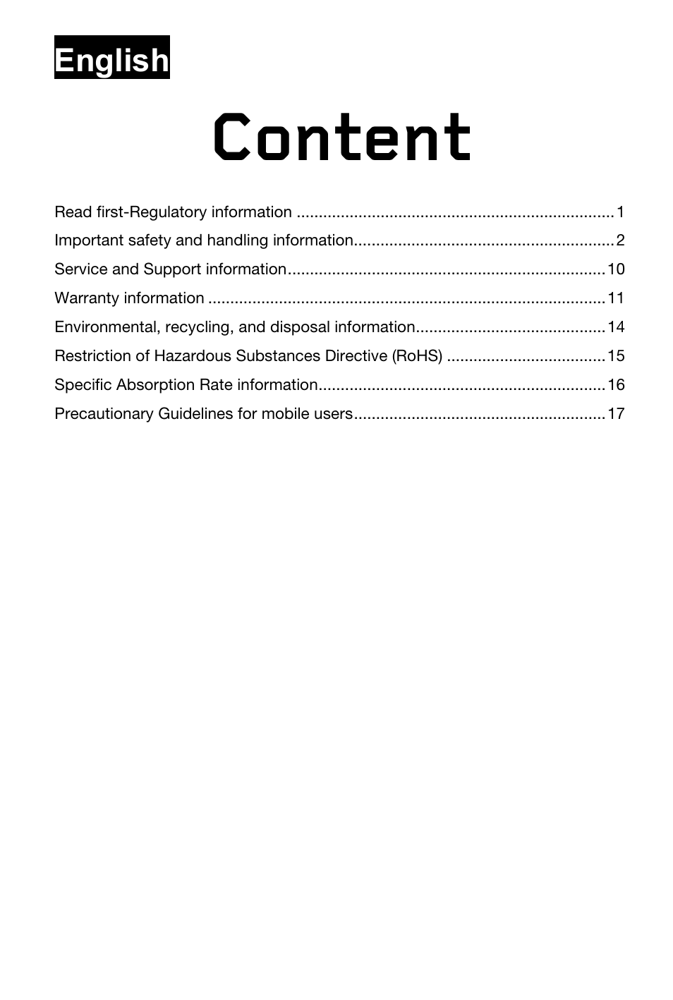 Content, English | Lenovo S850 Smartphone User Manual | Page 2 / 61